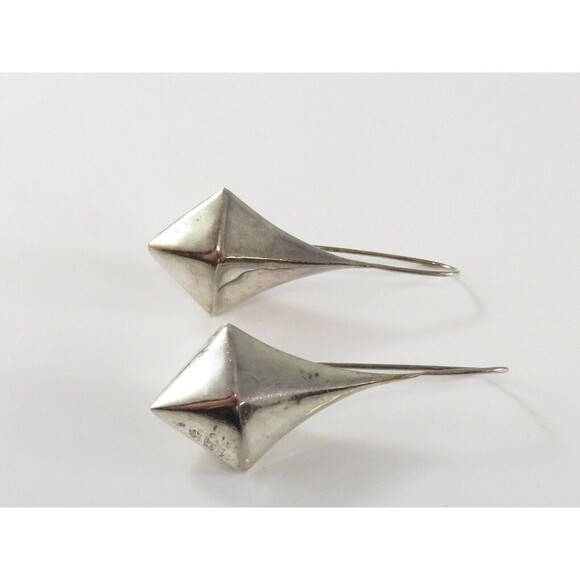 Puffy Diamond Form 1 7/8" Hook Dangling Earring Set In Sterling Silver - Picture 3 of 4